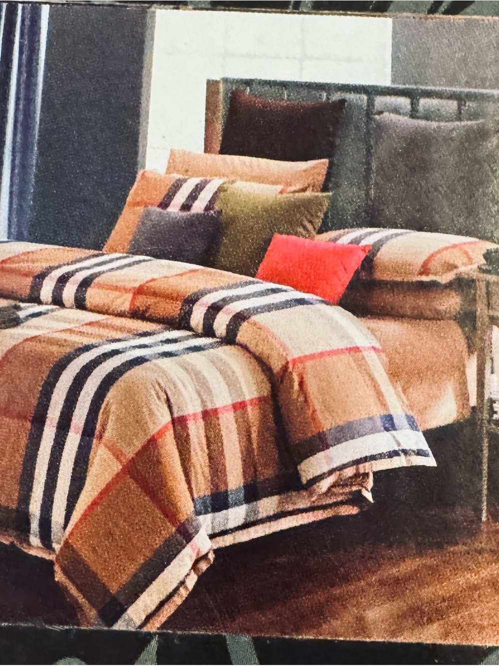 Classic Plaid Tan Sheet Set with Black Beige and Brown Queen 4pc set